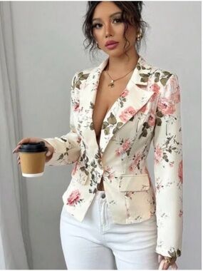 Cream Floral Womens Blazer Jacket - Tailored Single-Button Coat